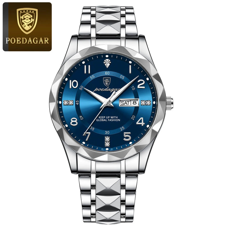 Relógio POEDAGAR Luxury Men Quartz - Relógio Masculino à Prova d'Água, Data e Semana, Pulseira de Aço Inoxidável