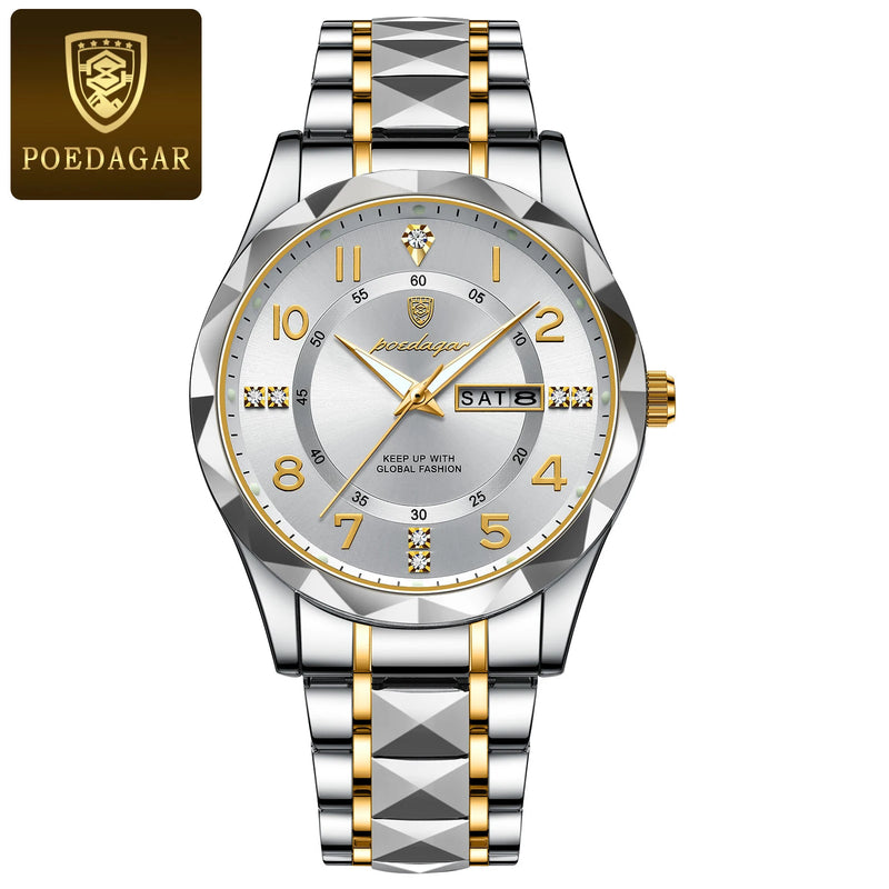 Relógio POEDAGAR Luxury Men Quartz - Relógio Masculino à Prova d'Água, Data e Semana, Pulseira de Aço Inoxidável