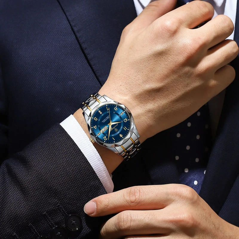 Relógio POEDAGAR Luxury Men Quartz - Relógio Masculino à Prova d'Água, Data e Semana, Pulseira de Aço Inoxidável