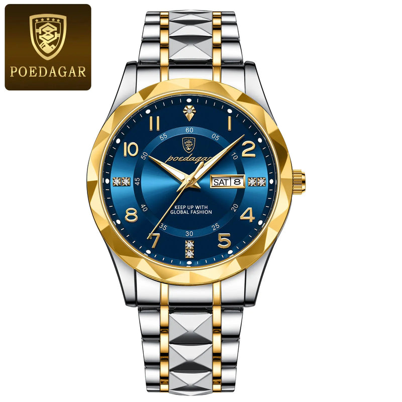 Relógio POEDAGAR Luxury Men Quartz - Relógio Masculino à Prova d'Água, Data e Semana, Pulseira de Aço Inoxidável