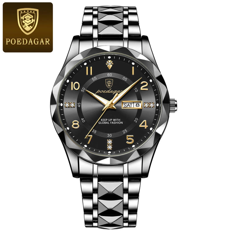 Relógio POEDAGAR Luxury Men Quartz - Relógio Masculino à Prova d'Água, Data e Semana, Pulseira de Aço Inoxidável